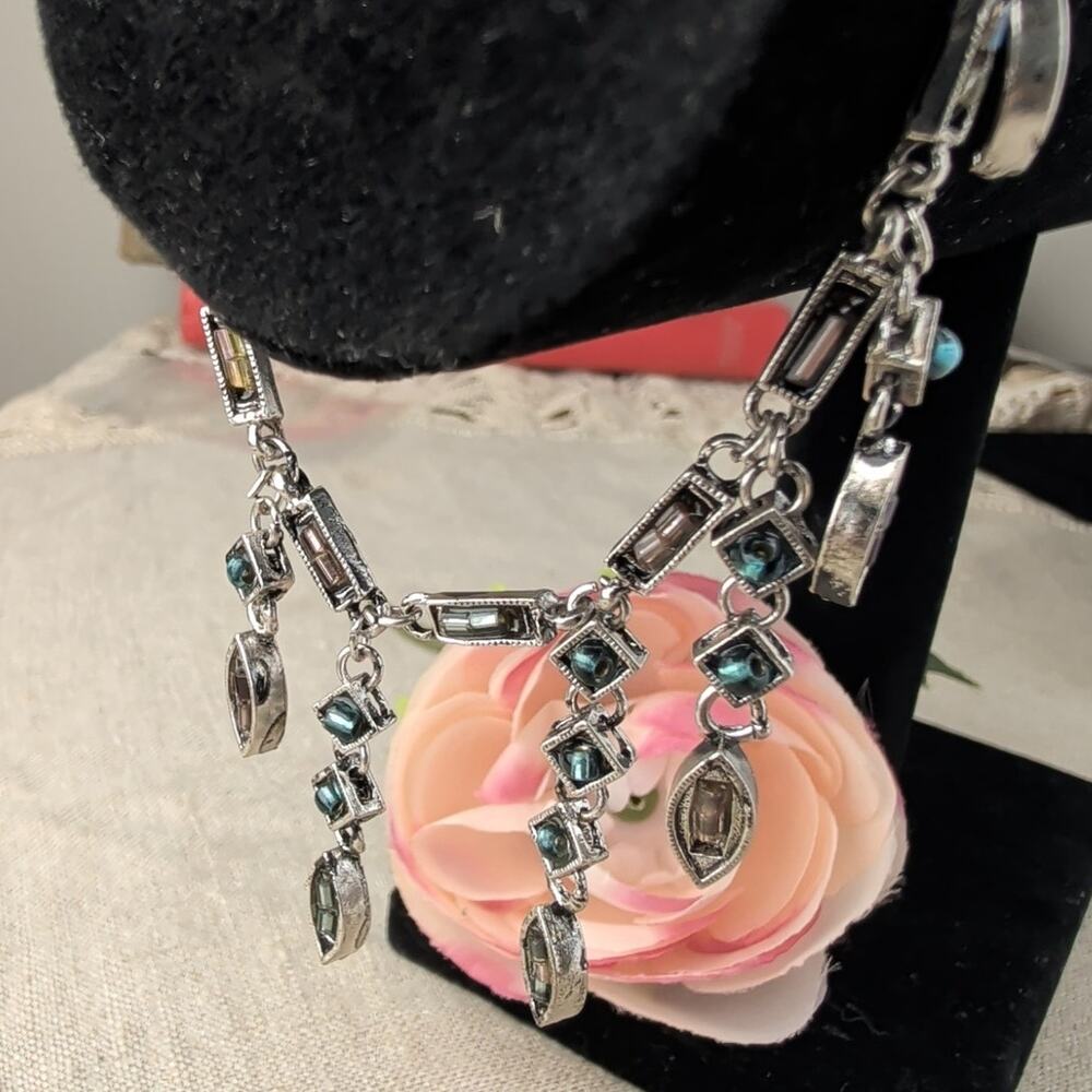 Art Deco Revival Dangle Drop Bracelet Marquise & Square Rhinestones Cascading